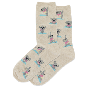 Beige socks with koala illustrations on a white background