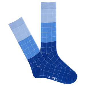 A pair of K.Bell men's crew socks with a checkered blue and white pattern mimicking pool tiles.