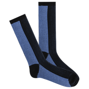 Pair of blue and black socks on a white background