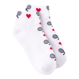 A pair of white ankle socks with a pattern of red hearts and black tennis rackets on a plain white background. thumbnail