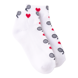 A pair of white ankle socks with a pattern of red hearts and black tennis rackets on a plain white background.