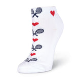 A single white ankle sock with a pattern of navy blue crossed tennis rackets and red hearts, shown on a clean white background.