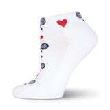 A single white ankle sock with a pattern of red hearts and black tennis rackets, shown on a clean white background.