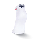 A single white ankle sock with a small red heart and a black crossed tennis racket graphic on the instep, shown against a plain white background. thumbnail