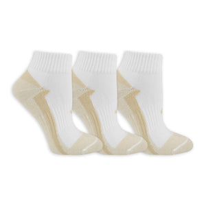 Three pairs of white socks with beige toes and heels on a white background