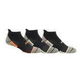 Three pairs of black ankle socks with gray and orange accents on a white background