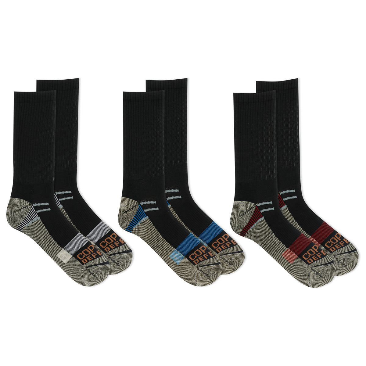 Set of black and gray socks with Copper Defense logo on a white background