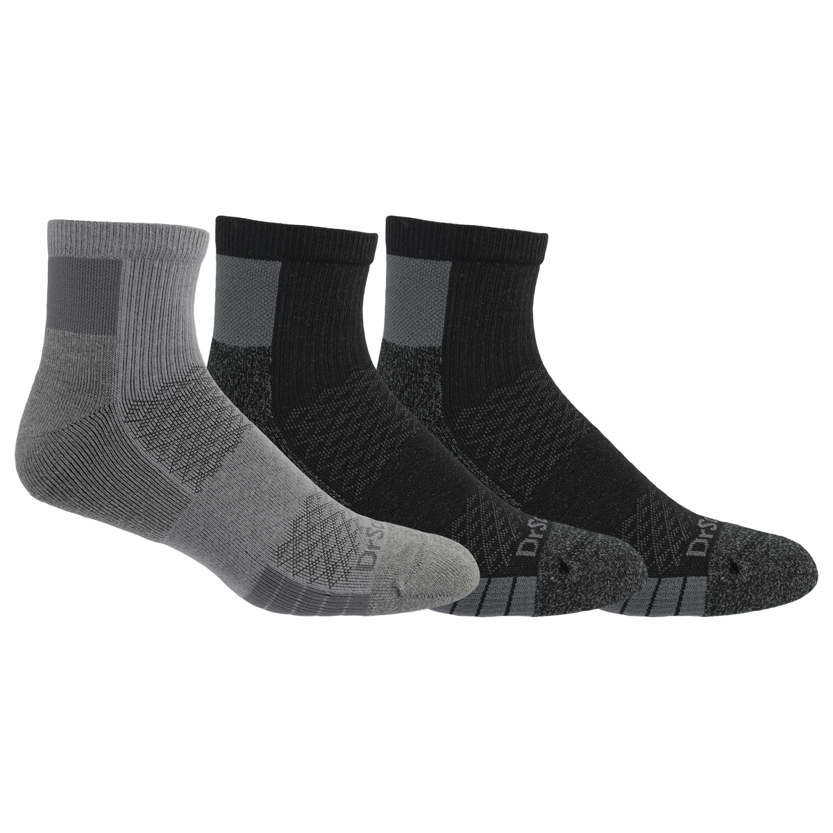 Three pairs of Dr. Scholl's socks in gray and black.