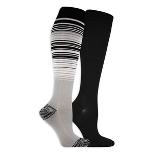 Two pairs of knee-high socks, one black and one gray with black stripes, on a white background.