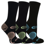 Three pairs of black socks with colorful designs on a white background