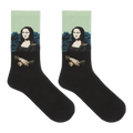 A pair of black crew socks featuring a printed graphic of the Mona Lisa with a light green background and blue mountains.
