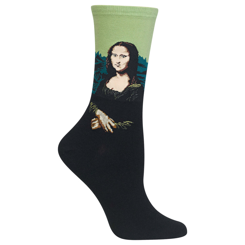 A single crew sock featuring a printed parody of the Mona Lisa wearing sunglasses, with a light green upper section and a black lower body, shown on a plain white background.