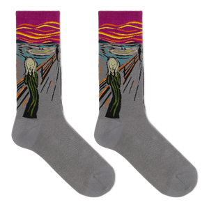 A pair of gray crew socks featuring a stylized print of Edvard Munch's 'The Scream' on the upper leg area, with a magenta and yellow wavy sky design at the top cuff.