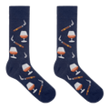 A pair of navy blue crew socks with a repeating pattern of cigars, smoking pipes, and cognac whiskey glasses, displayed against a solid white background.