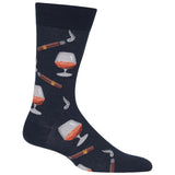 A single dark navy crew sock with a pattern of cognac whiskey glasses, cigars, and smoking pipes, shown on a plain white background. thumbnail
