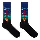 A pair of black crew socks with a colorful San Francisco graphic on the upper leg. The design features the Golden Gate Bridge, a yellow cable car, and the text 'SAN FRANCISCO' on a dark blue background, with a black lower section. thumbnail