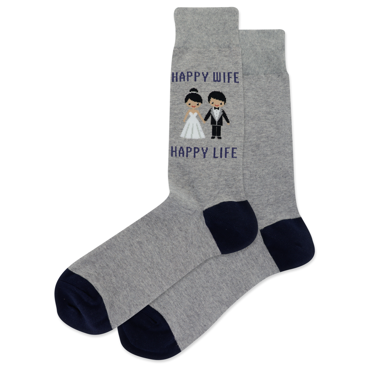 A pair of heather gray crew socks with navy blue heels, toes, and cuffs, featuring a cute embroidered graphic of a bride and groom and the text 'HAPPY WIFE HAPPY LIFE' on the upper leg.