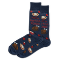 Navy blue socks with food-themed designs and text on a white background
