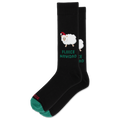 A pair of black crew socks with a festive Christmas design. The front sock features a white fluffy sheep wearing a red Santa hat above the green text 'FLEECE NAVIDAD MATA'.