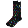 A pair of black crew socks with a repeating pattern of colorful Christmas tree silhouettes in red, green, blue, and brown, displayed against a solid white background.