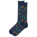 A pair of navy blue crew socks with a repeating pattern of cartoon bears opening green presents and wearing red hats, shown on a plain white background.