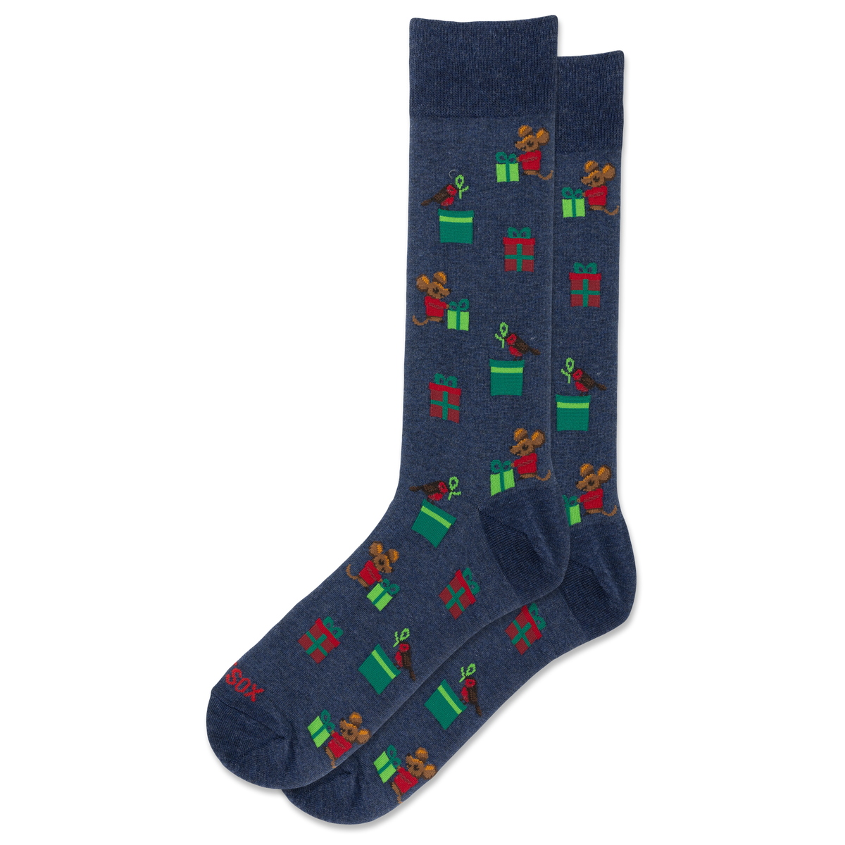 A pair of navy blue crew socks with a repeating pattern of cartoon bears opening green presents and wearing red hats, shown on a plain white background.