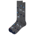 A pair of dark gray crew socks featuring a pattern of cartoon dalmatians wearing Hanukkah-inspired garments, shown against a plain white background.