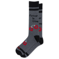 A pair of heather gray crew socks with black cuffs, heels, and toes, featuring a graphic of red handcuffs and the text 'Partner in Crime' on the sides.