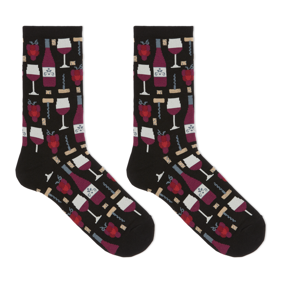 A pair of crew socks on a plain white background, featuring a black base with a repeating pattern of red wine bottles, wine glasses, corkscrews, and red raspberries.