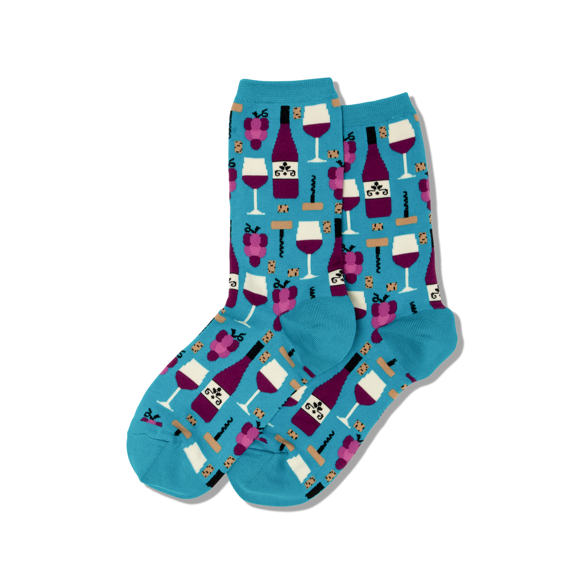 Blue socks with wine-themed pattern on a white background
