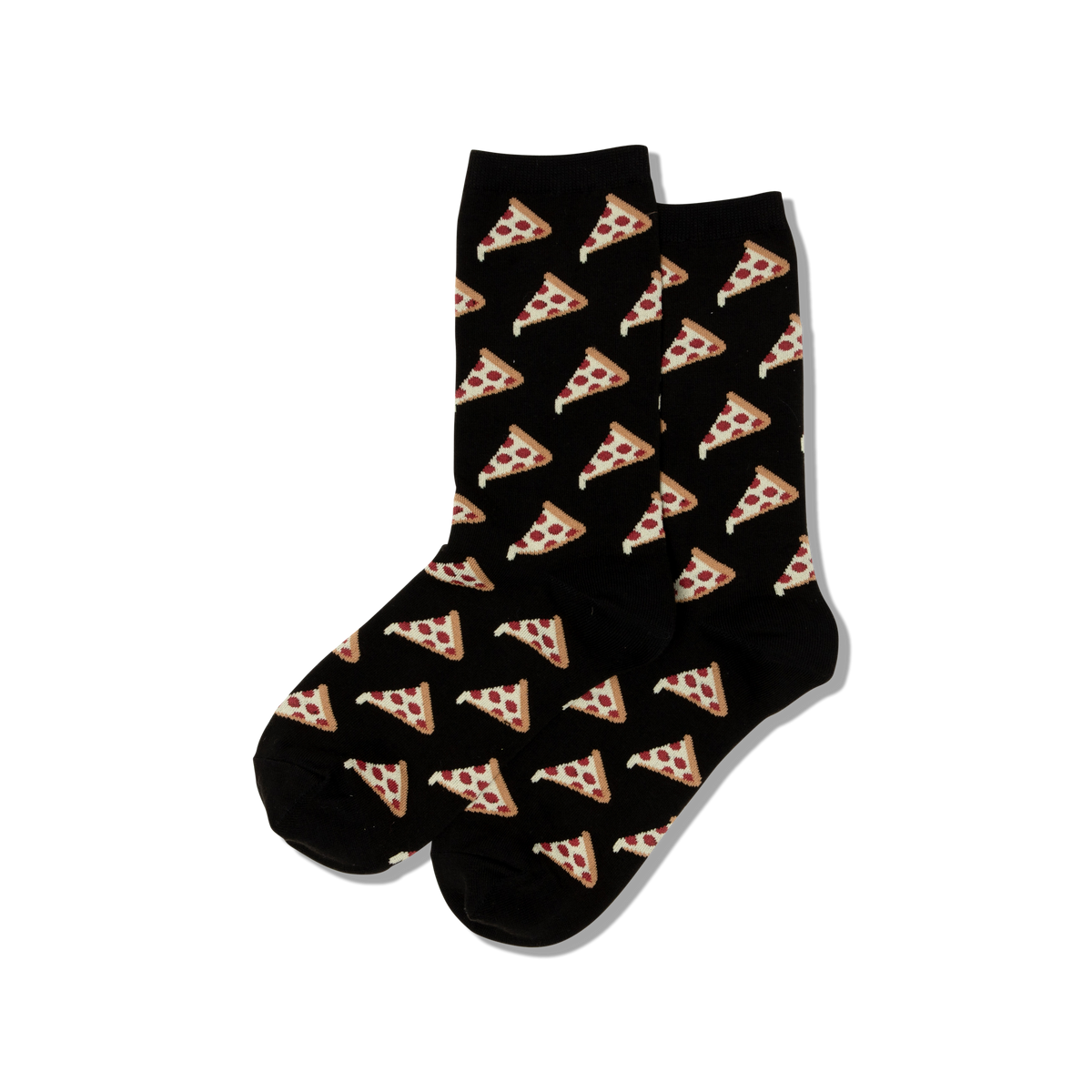 Black socks with pizza slice pattern on a white background