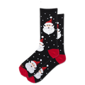 A pair of black crew socks with a festive Christmas pattern featuring Santa Claus faces, red heels and toes, and white polka dots, displayed on a clean white background.