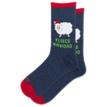 A pair of navy blue crew socks with red cuffs and toes, featuring a white sheep wearing a red Santa hat and the green text 'FLEECE NAVIDAD' on the front sock.