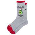 A pair of heather gray crew socks with red toes, heels, and cuffs, featuring a graphic of an avocado wearing a Santa hat with the text 'Jingle Bell GUAC' and 'HOTSOX' on the foot.