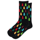 A pair of black crew socks with a colorful pattern of Christmas tree silhouettes in red, green, blue, orange, and yellow, displayed on a clean white background.