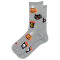 A pair of heather gray crew socks with a Halloween pattern featuring jack-o'-lanterns, black cats, and coffee cups, shown on a plain white background.