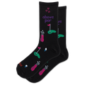 A pair of black crew socks with a golf-themed print, featuring pink and green golf clubs, flags, greens, and the text 'above par' in purple, displayed on a clean white background.
