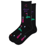 A pair of black crew socks with a golf-themed print, featuring pink and green golf clubs, flags, greens, and the text 'above par' in purple, displayed on a clean white background. thumbnail