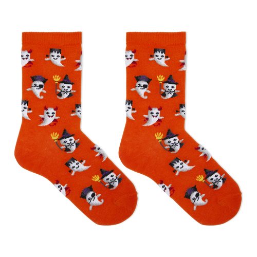 A pair of bright orange crew socks with an all-over Halloween ghost pattern, shown flat against a solid white background.