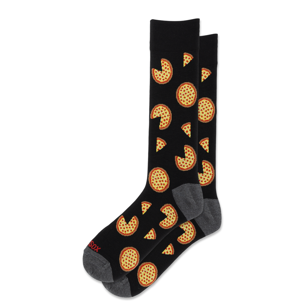 A pair of black crew socks with a repeating pattern of pizza slices and whole pizzas, featuring gray heels and toes and a small red brand logo on the sole.