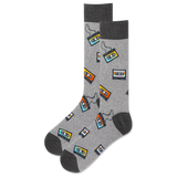 Gray socks with cassette tape pattern on a white background