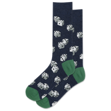 Navy sock with dice pattern and green toes on a white background