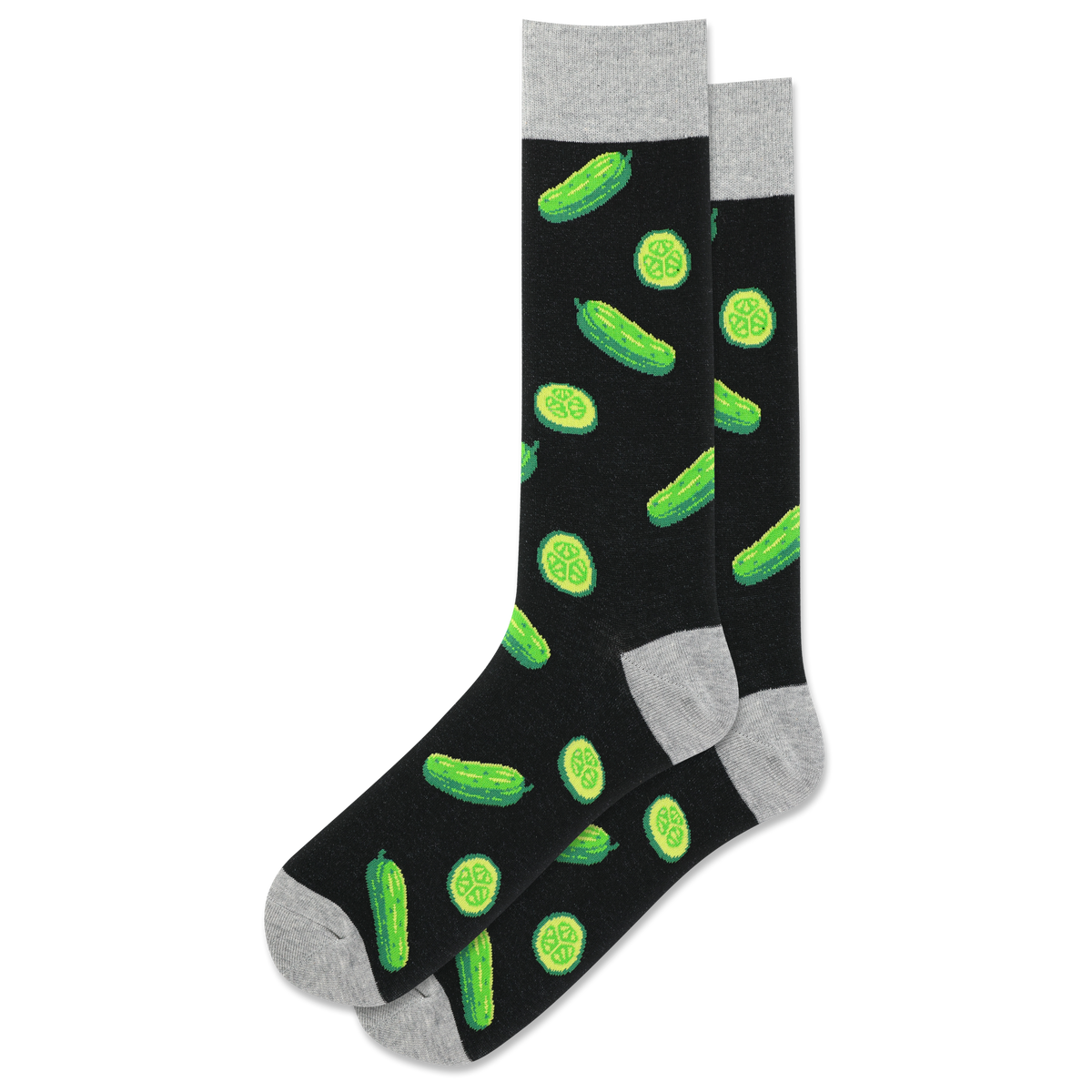 A pair of black crew socks with a pattern of green pickle designs, including whole pickles and pickle slices, with accent colors in the heel, toe, and cuff.