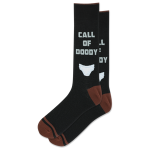 Black socks with white text and brown accents on a white background