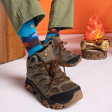 Brown hiking boots with blue socks worn, against an orange and white background. thumbnail