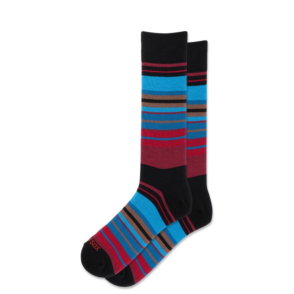 A pair of crew socks with a striped pattern in black, bright blue, burgundy red, and brown, displayed against a solid white background.