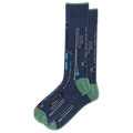 A pair of crew socks in heathered navy blue with a fishing rod and line pattern, featuring sage green heels and toes, displayed on a clean white background.