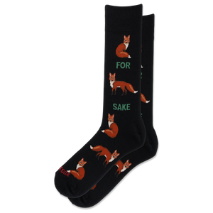 A pair of black crew socks featuring a repeating pattern of orange and white foxes with green text reading 'FOR SAKE' on a clean white background.