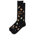 A pair of black crew socks with a pattern of peanuts, pistachios, and the words 'NUT TODAY' in brown and beige, shown on a plain white background.