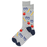A pair of gray crew socks with thin white horizontal stripes, featuring a playful school-themed pattern of red apples, blue glasses, yellow pencils, and navy blue heels and toes.
